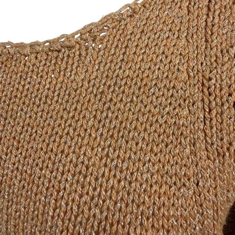 CHICOS Size Large Short Sleeve Sweater Peach Metallic Knit Pointelle Easter Wear